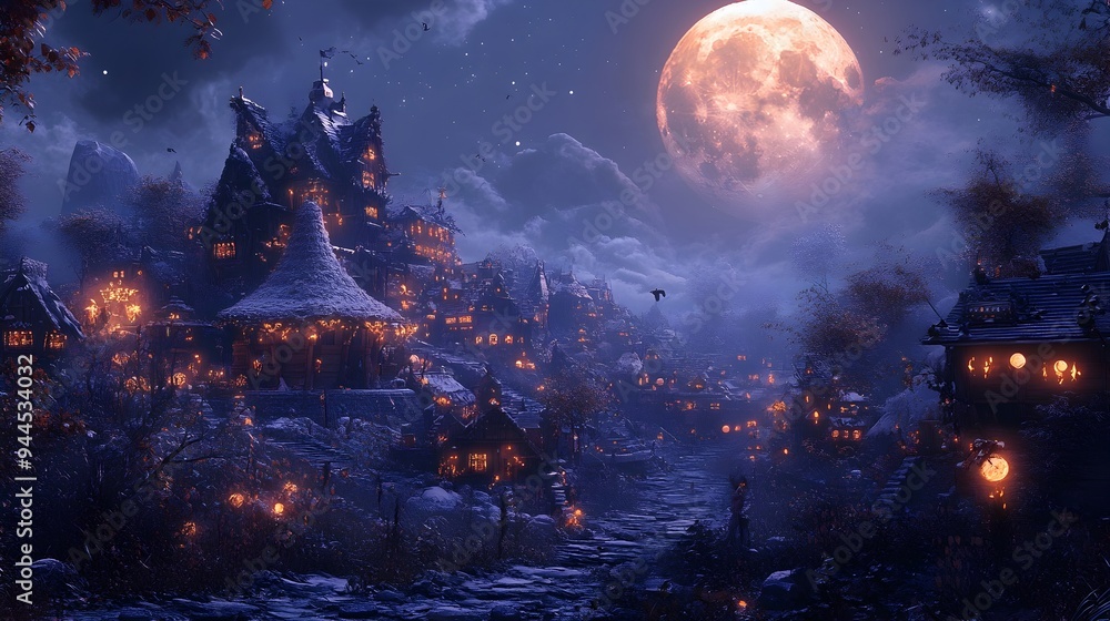 Enchanting Fantasy Village Under a Glowing Moonlit Sky with Snowy Mountains Enchanting Fantasy Village Under a Glowing Moonlit Sky with Snowy Mountains