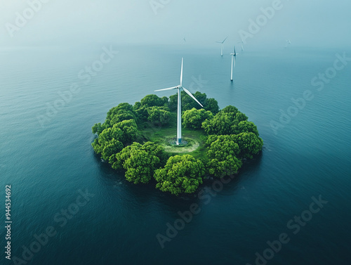 Île verte avec éolienne au large - Symbole de l'énergie renouvelable et de la conservation environnementale