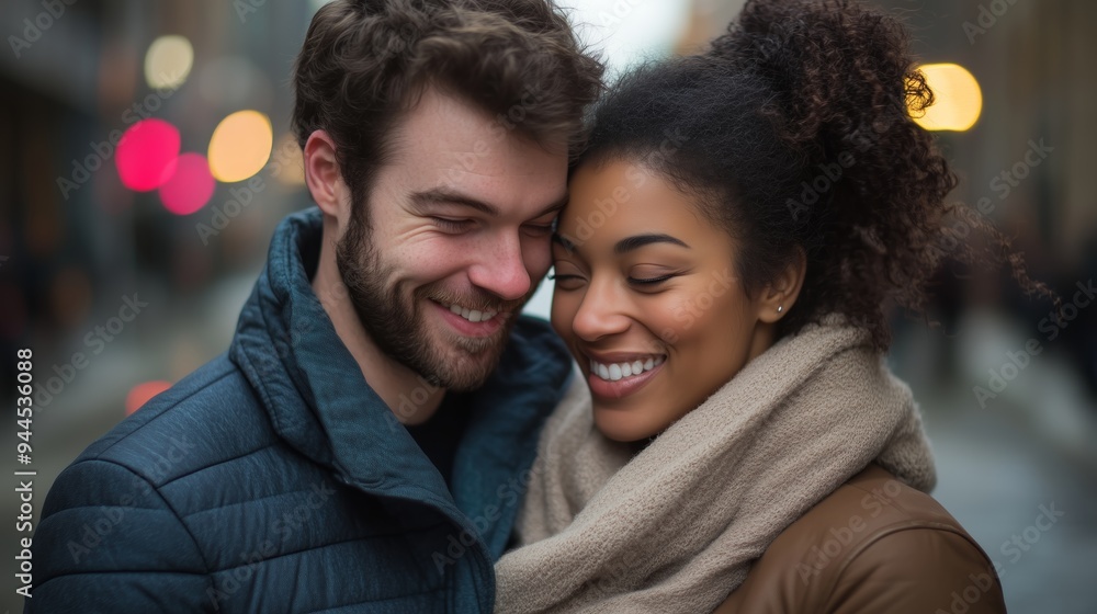 Couple enjoying a joyful moment together in an urban street during a chilly evening with soft, blurred lights in the background Couple enjoying a joyful moment together in an urban street during a chilly evening with soft, blurred lights in the background