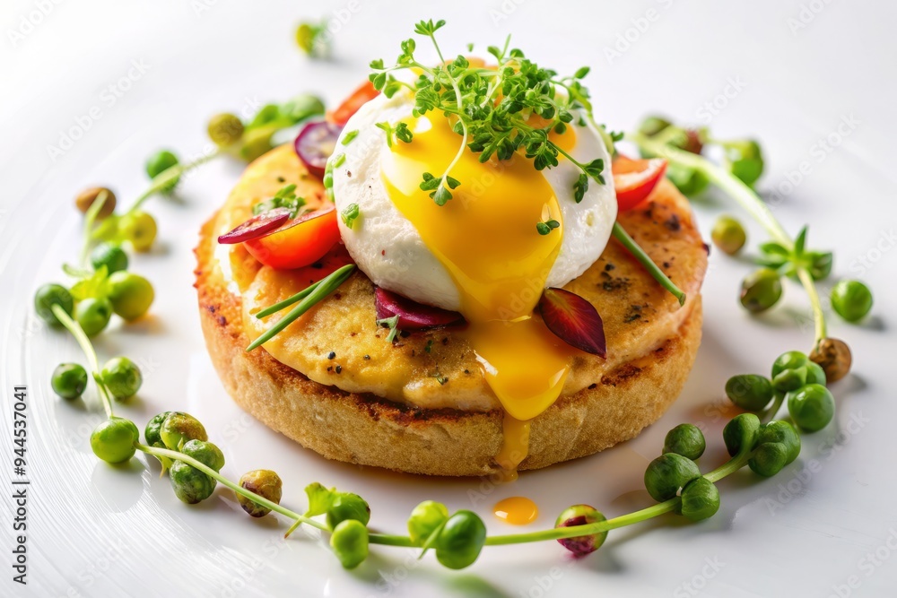 Stylized, flat-lay composition featuring the components of a Crab Cake Benedict Stylized, flat-lay composition featuring the components of a Crab Cake Benedict