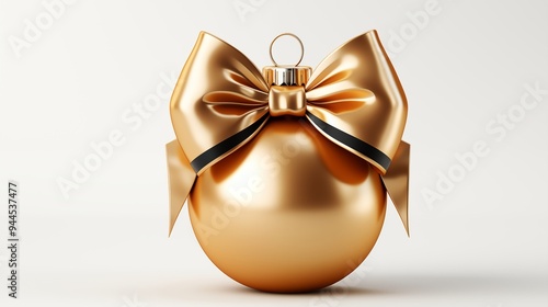 gold Christmas ball with ribbon and a bow, isolated on background.