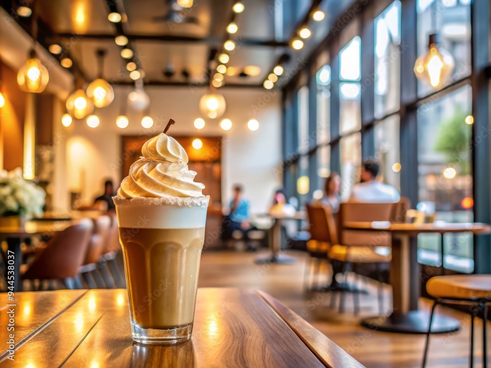 A modern coffee shop scene featuring a hazelnut chiller with extra whipped cream and an extra shot of espresso on a sleek A modern coffee shop scene featuring a hazelnut chiller with extra whipped cream and an extra shot of espresso on a sleek