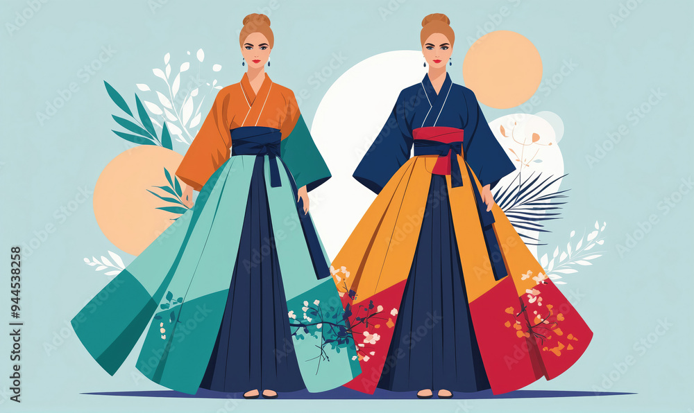 Illustration of two women in colorful kimonos stand against a blue background with floral accents Illustration of two women in colorful kimonos stand against a blue background with floral accents