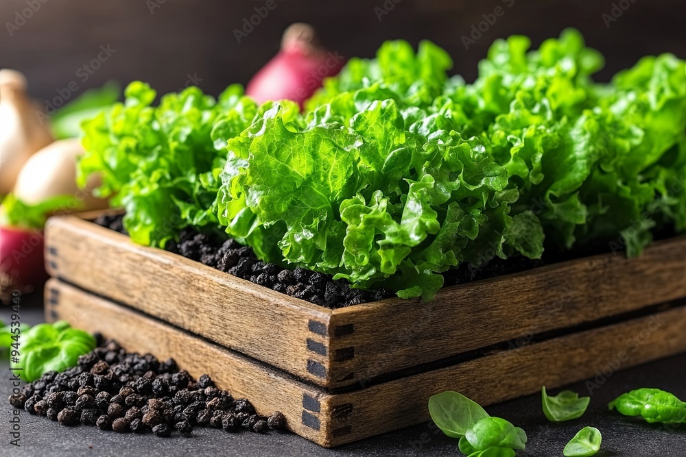 Lettuce thrives in a wooden planter filled with rich soil, highlighting fresh greenery against a dark surface. Generative AI Lettuce thrives in a wooden planter filled with rich soil, highlighting fresh greenery against a dark surface. Generative AI