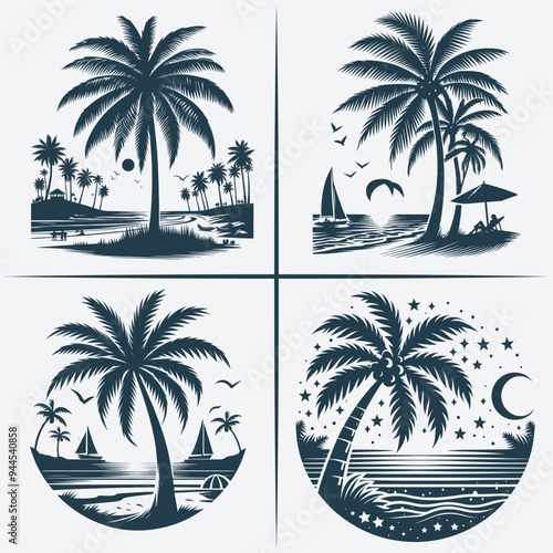 Palm Tree svg vector silhouette Bundle file, Beach scene svg vector, Palm tree svg
