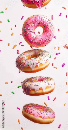 Stacked donuts with colorful sprinkles falling around on clean background, food advertising concept.