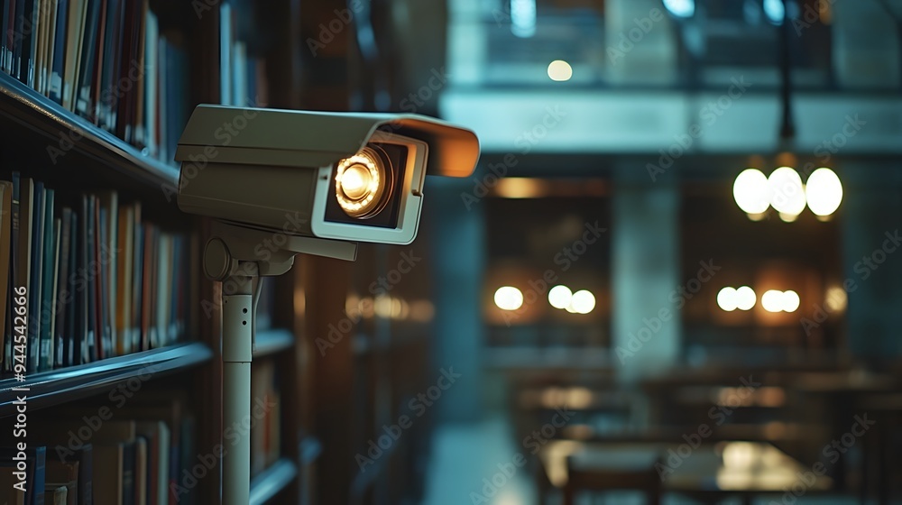 Surveillance in Dimly Lit Library Interior with Bookshelves Surveillance in Dimly Lit Library Interior with Bookshelves