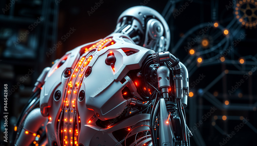 a robot with a glowing chest, cybernetic arms, and a head with glowing eyes, set against a dark background with futuristic decorations. a robot with a glowing chest, cybernetic arms, and a head with glowing eyes, set against a dark background with futuristic decorations.