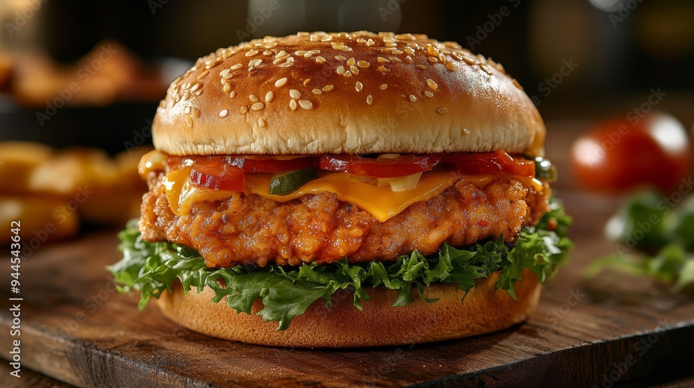 Close-up of a mouth-watering juicy and appetizing burger on a table. Freshly prepared pork chop burger. Close-up of a mouth-watering juicy and appetizing burger on a table. Freshly prepared pork chop burger.