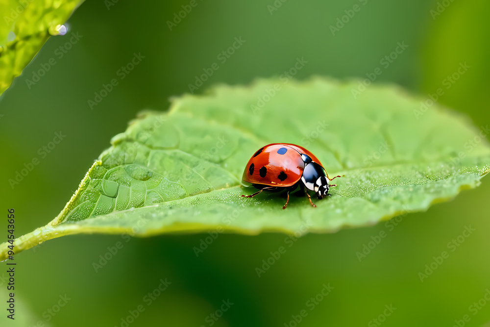 Ladybug perched on a leaf with droplets of water. Ladybug perched on a leaf with droplets of water.