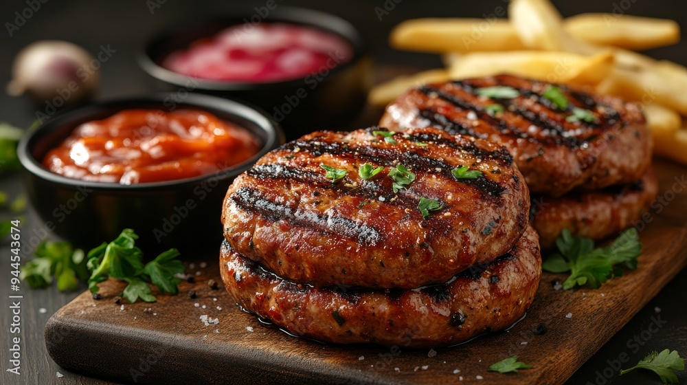 Close-up of mouth-watering juicy and appetizing hamburger meat on a table. Freshly prepared pork chop burger with fries. Close-up of mouth-watering juicy and appetizing hamburger meat on a table. Freshly prepared pork chop burger with fries.