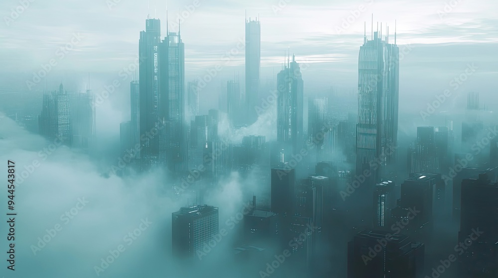 A Futuristic City Skyline Cloaked in Fog A Futuristic City Skyline Cloaked in Fog