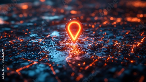 Digital location pin icon with binary code, artificial intelligence in navigation applications, location-based services, geospatial analysis tools, and personalized travel recommendations design