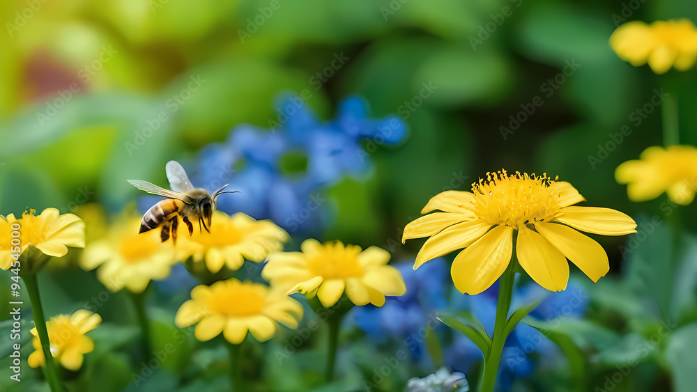 A bee hovers above bright yellow wildflowers. A bee hovers above bright yellow wildflowers.