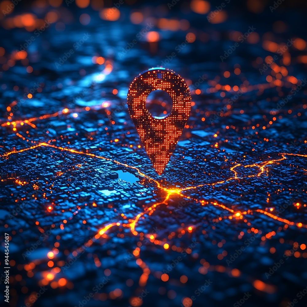 Digital location pin icon with binary code, artificial intelligence in navigation applications, location-based services, geospatial analysis tools, and personalized travel recommendations design
