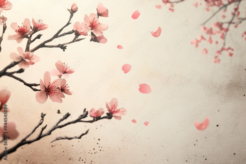 Delicate Pink Cherry Blossoms Falling on a Soft Beige Background: A Serene and Elegant Visual. Delicate Pink Cherry Blossoms Falling on a Soft Beige Background: A Serene and Elegant Visual.