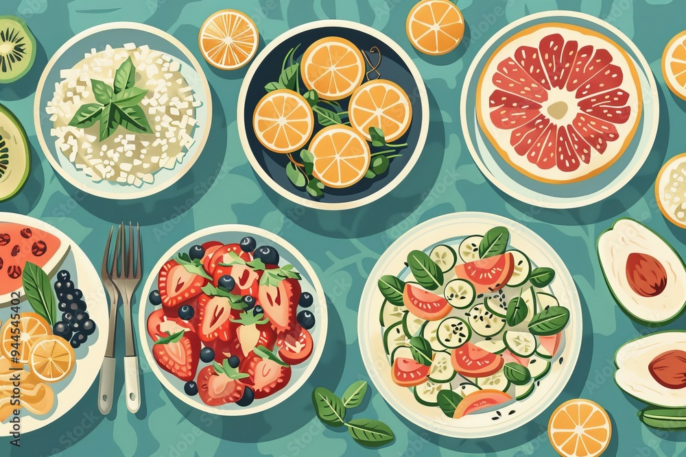 A table with a variety of fruits and vegetables, including strawberries A table with a variety of fruits and vegetables, including strawberries