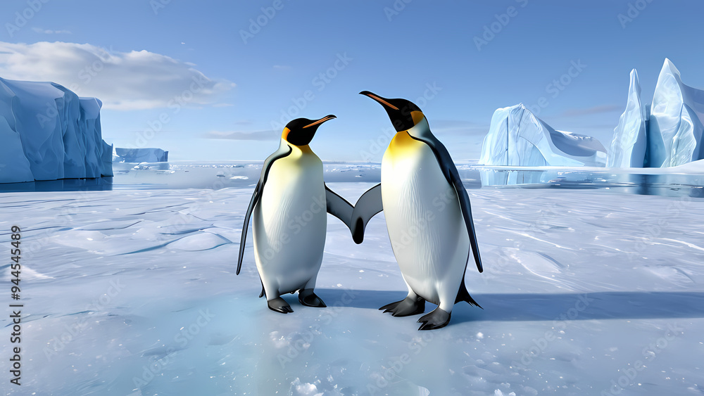 Fototapeta premium Penguins on ice with icebergs nearby.