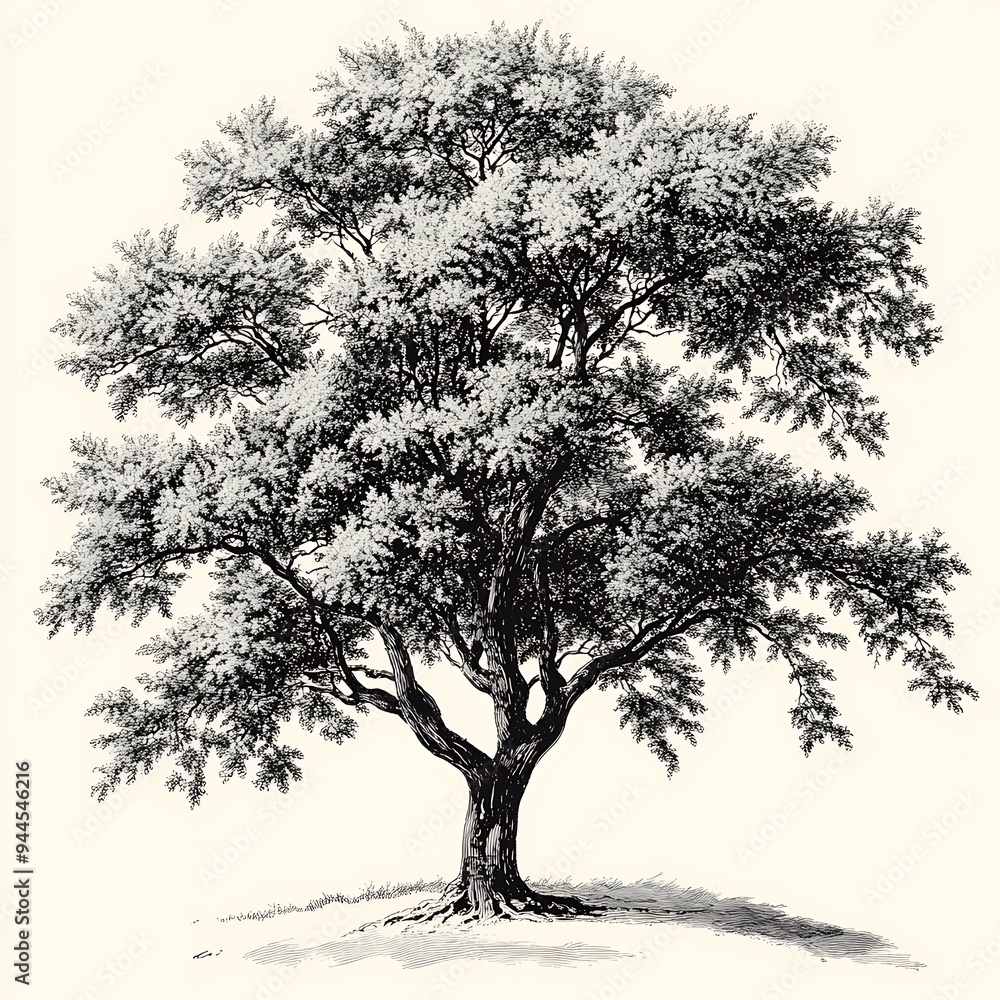 A Detailed Black and White Illustration of a Deciduous Tree A Detailed Black and White Illustration of a Deciduous Tree