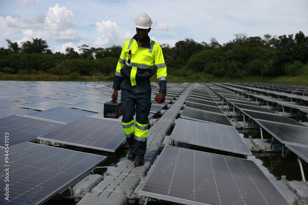 The black male Solar energy systems engineer performs analysis of solar panels at the solar farm The black male Solar energy systems engineer performs analysis of solar panels at the solar farm