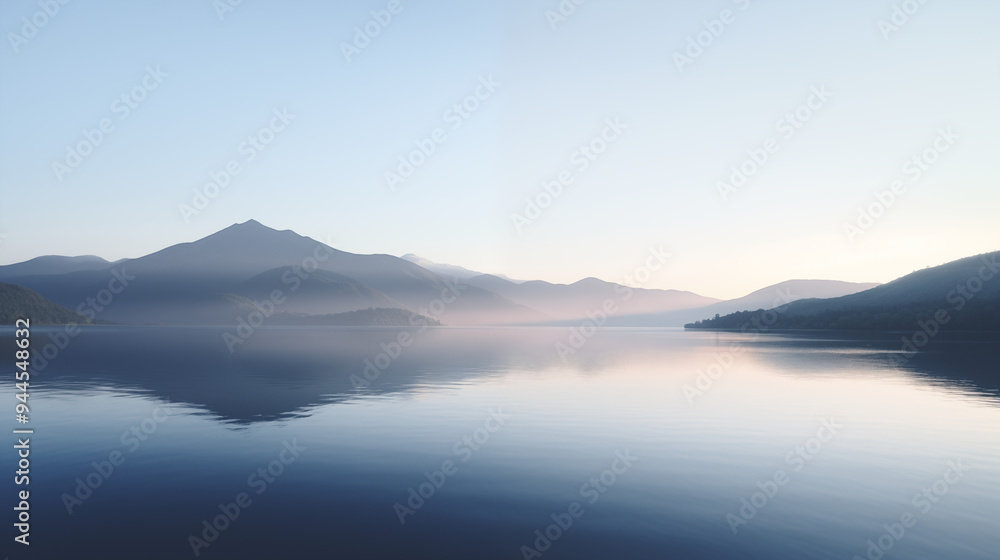 Serene Mountain Lake at Sunrise with Hazy Light Serene Mountain Lake at Sunrise with Hazy Light