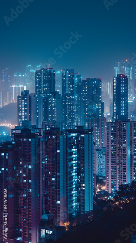 The dazzling cityscape at night, with skyscrapers illuminated against the dark sky, forms a vibrant urban skyline full of energy. The metropolis comes alive after sunset