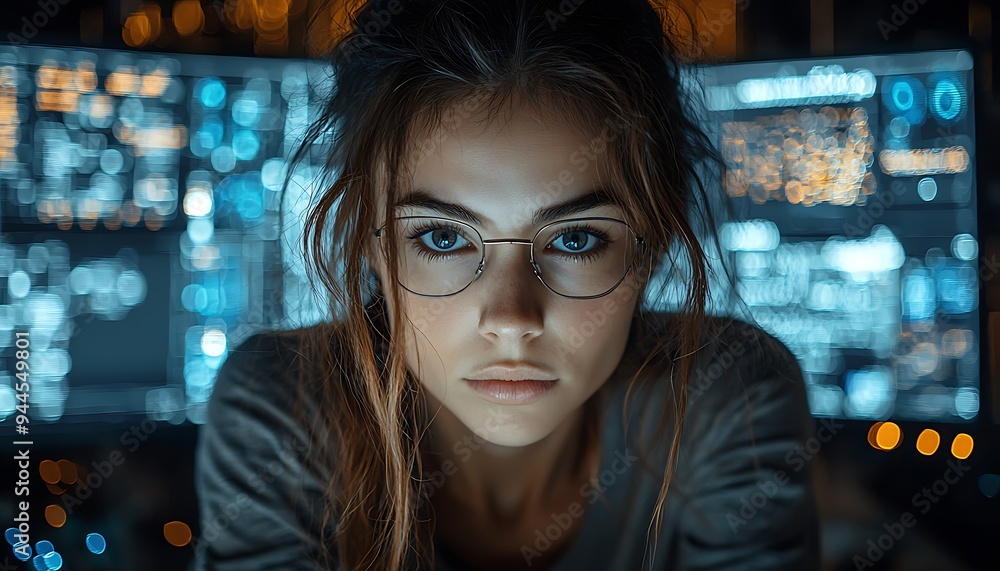 AI cyber security concept. Female IT Computer specialist analyzing artificial intelligence digital threats to consumer data & privacy breach. Software developer coding & ethical hacking in dark office AI cyber security concept. Female IT Computer specialist analyzing artificial intelligence digital threats to consumer data & privacy breach. Software developer coding & ethical hacking in dark office