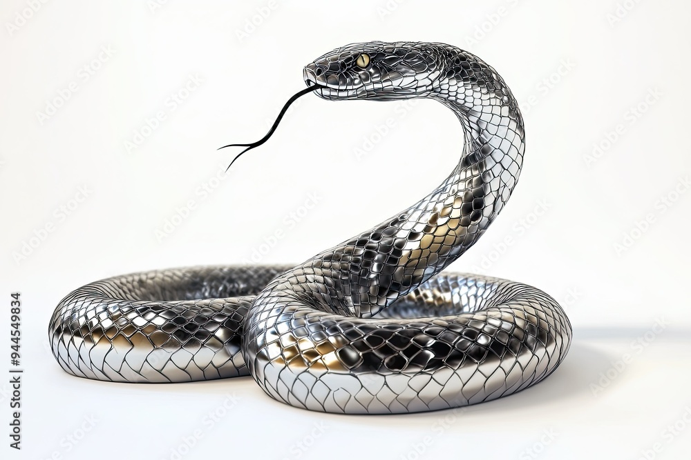 Obraz premium metallic 3D illustration snake standing and sticking out the venom isolated on white background 