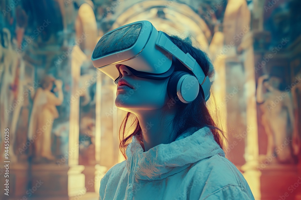A woman immerses herself in a virtual reality experience while standing in an awe-inspiring, ornate location at dusk. Generative AI A woman immerses herself in a virtual reality experience while standing in an awe-inspiring, ornate location at dusk. Generative AI