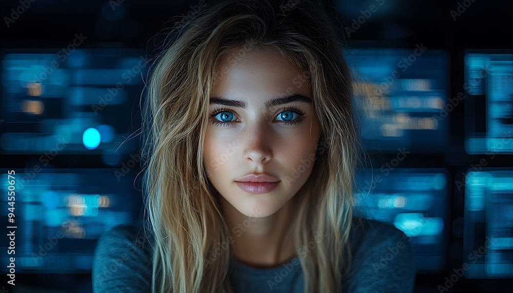 AI cyber security concept. Female IT Computer specialist analyzing artificial intelligence digital threats to consumer data & privacy breach. Software developer coding & ethical hacking in dark office AI cyber security concept. Female IT Computer specialist analyzing artificial intelligence digital threats to consumer data & privacy breach. Software developer coding & ethical hacking in dark office