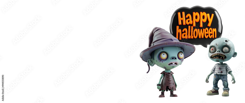 Fototapeta premium Happy Halloween with 3D Zombie: Celebration Cartoon Banner with Text Copy Space, Isolated on Transparent Background, PNG