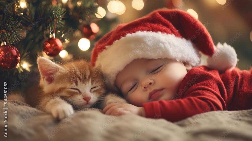A baby dressed as Santa Claus sleeps under a Christmas tree hugging a ginger kitten. The atmosphere is festive, cozy and happy. A baby dressed as Santa Claus sleeps under a Christmas tree hugging a ginger kitten. The atmosphere is festive, cozy and happy.