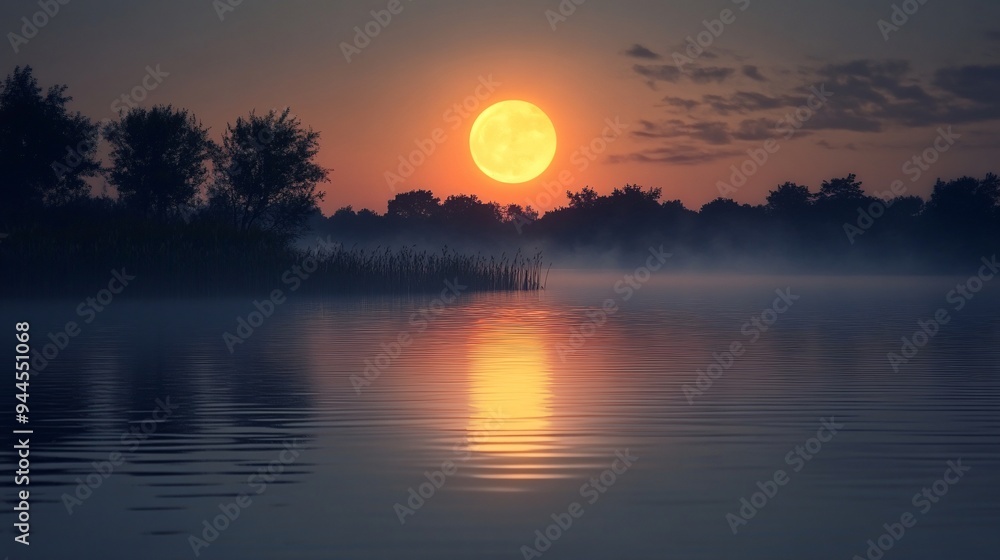 Crimson Moonrise over Misty River Crimson Moonrise over Misty River