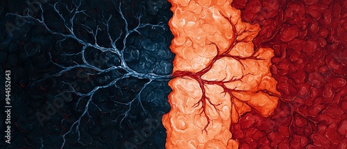 An artistic depiction of the balance between flareups and remission in IBD, showing inflamed vs healed tissue Inflammatory bowel disease IBD concept. photo