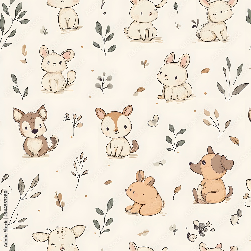 Fototapeta premium 147. **Generate a seamless pattern of charming, hand-drawn animals in a soft, pastel color scheme.**