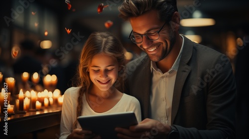 A joyful moment in the office with a male executive and a young female colleague laughing over a tablet, set against a modern and organized work environment.