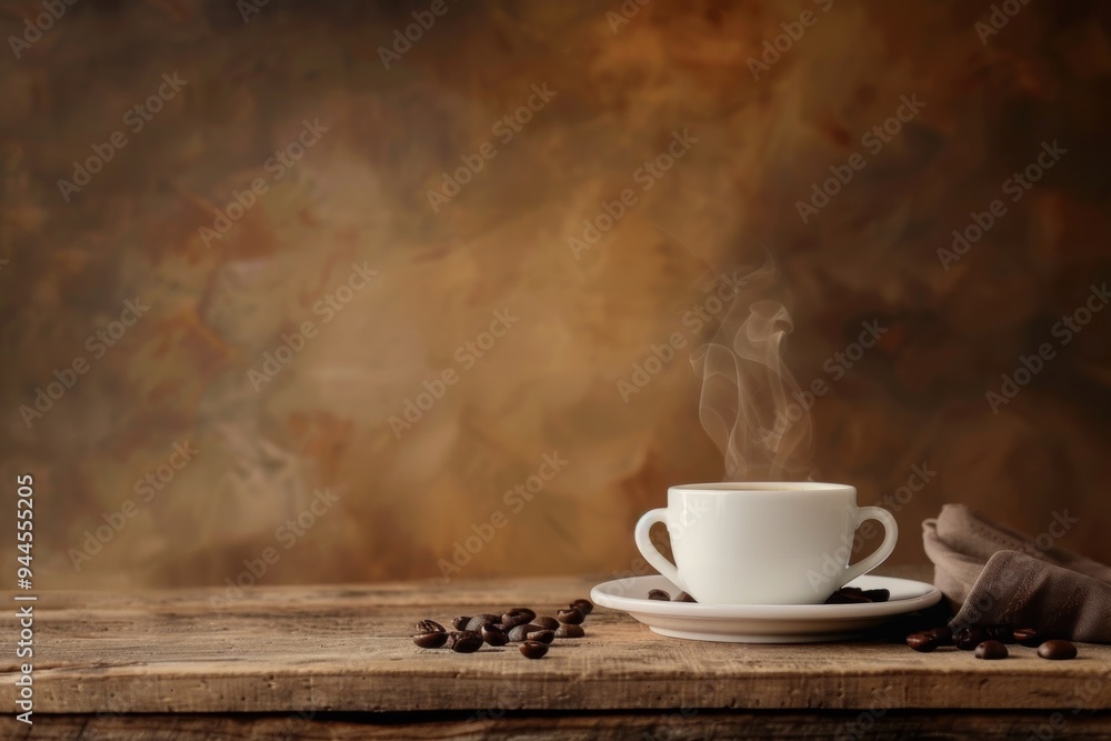 A cozy coffee cup on a rustic wooden table, surrounded by aromatic coffee beans and a warm backdrop for creative text A cozy coffee cup on a rustic wooden table, surrounded by aromatic coffee beans and a warm backdrop for creative text