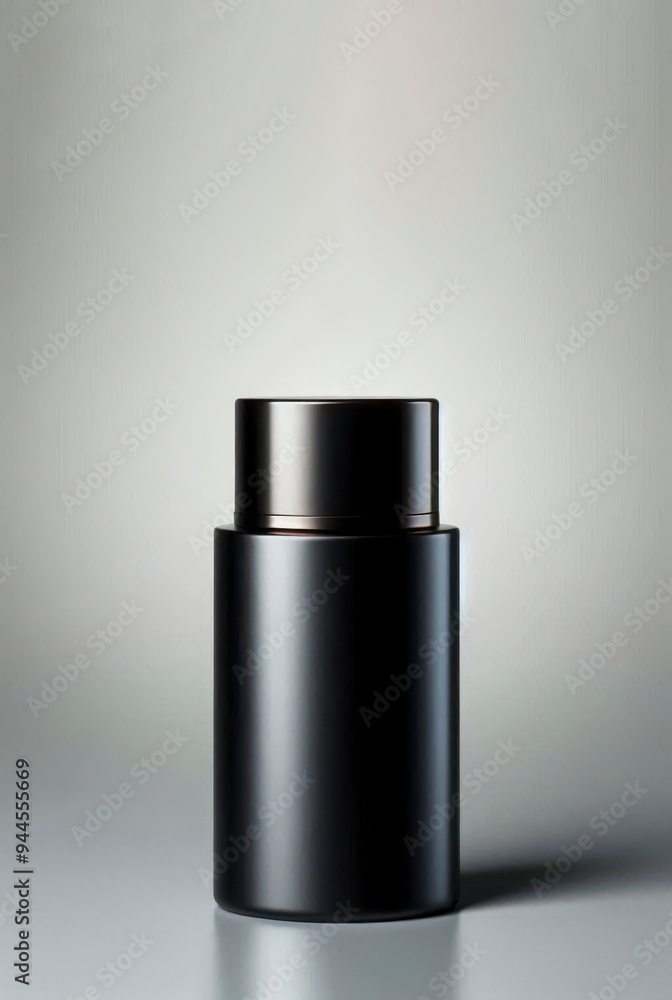Black cosmetic bottle on plain background. Mockup scene for advertising cosmetic, space for design Black cosmetic bottle on plain background. Mockup scene for advertising cosmetic, space for design