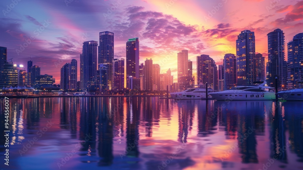Panoramic view of tall buildings at Sunset with City Skyline. AI generated images Panoramic view of tall buildings at Sunset with City Skyline. AI generated images