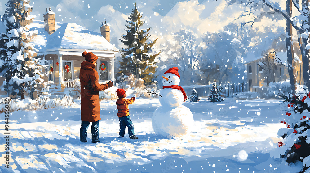 A woman and a child are playing in the snow, with a snowman nearby. The scene is set in a wintery landscape, with a house in the background. Scene is cheerful and playful, as the woman A woman and a child are playing in the snow, with a snowman nearby. The scene is set in a wintery landscape, with a house in the background. Scene is cheerful and playful, as the woman