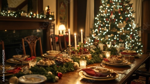 table with lit candles and Christmas dinner food with a tree with lights in the background. christmas concept