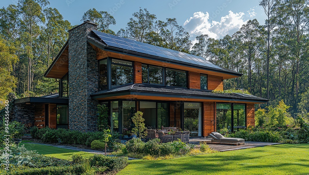 A modern house with solar panels on the roof, set against a backdrop of lush green grass and trees under warm sunlight. A modern house with solar panels on the roof, set against a backdrop of lush green grass and trees under warm sunlight.