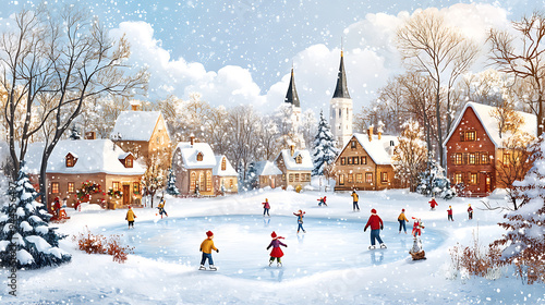 A painting of a snowy town with people ice skating on a pond. The mood of the painting is cheerful and festive, as it captures the joy of winter activities
