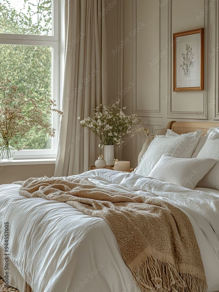 Stylish guest room featuring a queen size bed with luxurious bedding and elegant accents picture Stylish guest room featuring a queen size bed with luxurious bedding and elegant accents picture