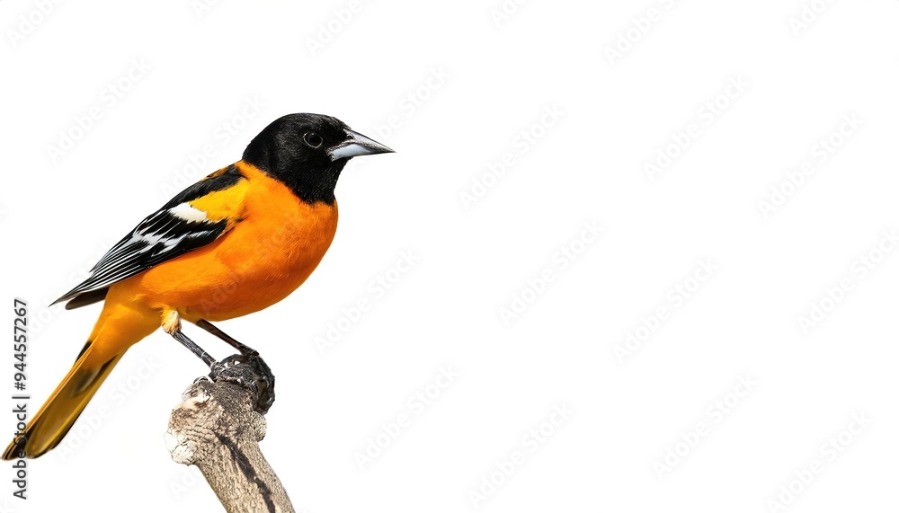 Baltimore Oriole - Icterus galbula - is a small icterid blackbird common in eastern North America as a migratory breeding bird. perched side view isolated on white background with copy space Baltimore Oriole - Icterus galbula - is a small icterid blackbird common in eastern North America as a migratory breeding bird. perched side view isolated on white background with copy space