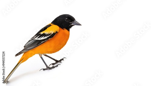 Baltimore Oriole - Icterus galbula - is a small icterid blackbird common in eastern North America as a migratory breeding bird. perched side view isolated on white background with copy space
