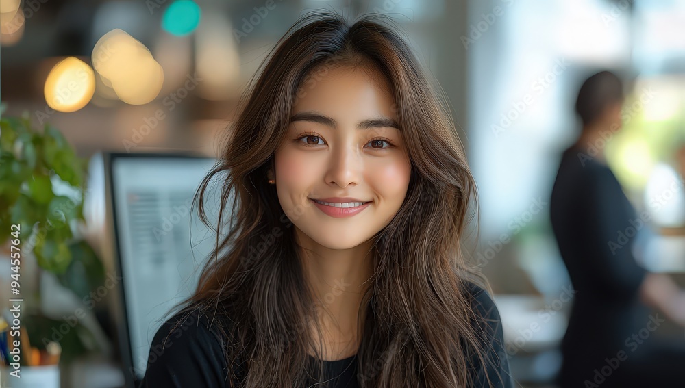 Asian woman with long hair, smiling and sitting at her desk in front of the computer screen. Asian woman with long hair, smiling and sitting at her desk in front of the computer screen.