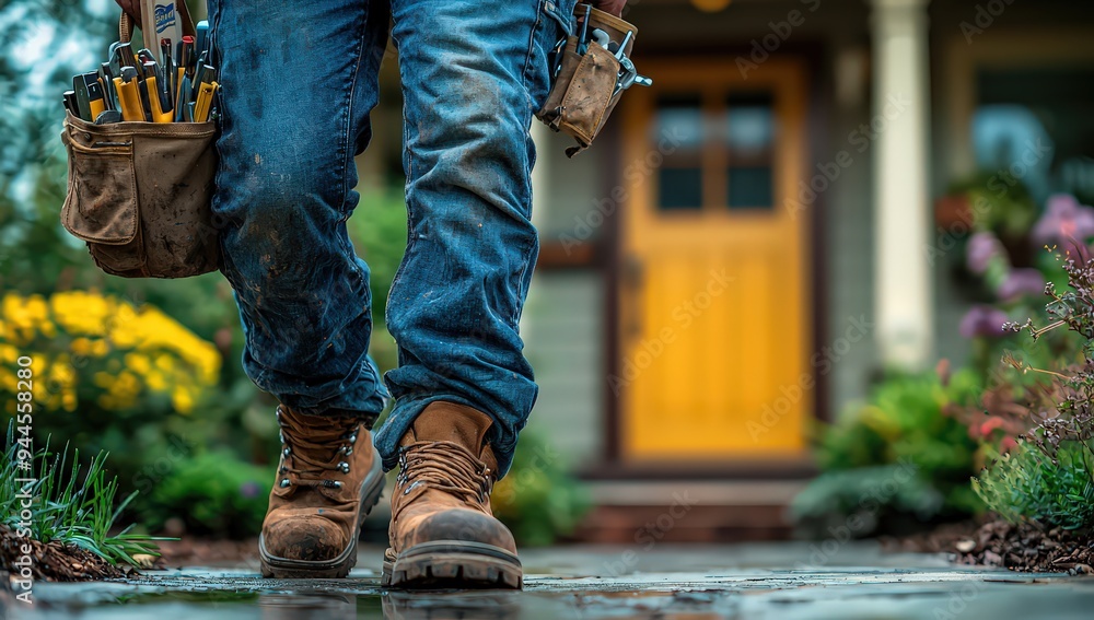 electrician with tools in his bag, walking towards the front door of a house. electrician with tools in his bag, walking towards the front door of a house.
