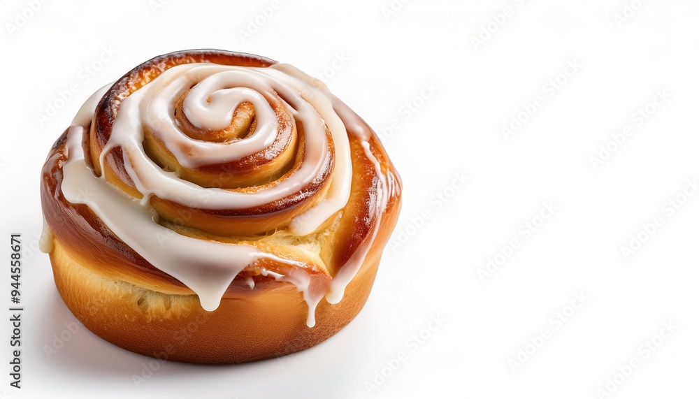 Tasty homemade cinnamon roll, bun, swirl, Danish or snail with glaze icing dripping down sides. made with flour, cinnamon, sugar, and butter, which provide a robust and sweet flavor. isolated on white Tasty homemade cinnamon roll, bun, swirl, Danish or snail with glaze icing dripping down sides. made with flour, cinnamon, sugar, and butter, which provide a robust and sweet flavor. isolated on white