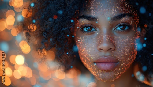 A portrait of an African American woman with curly hair, her face illuminated by the glow from digital code and binary numbers. 